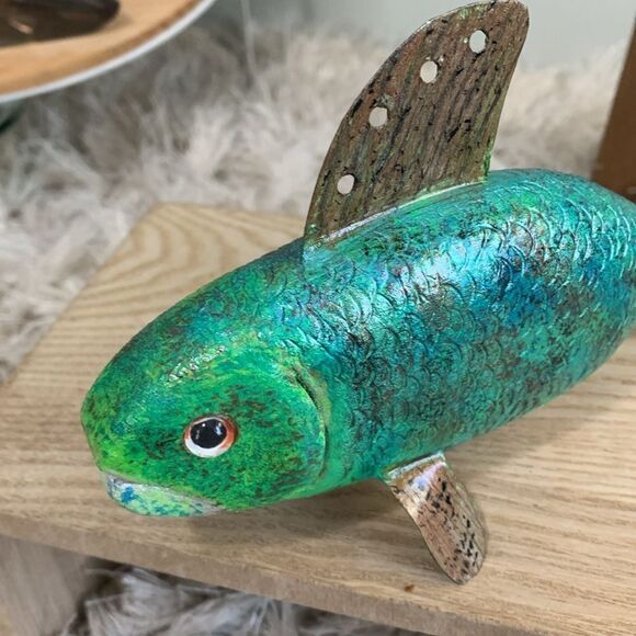 Handcrafted & Hand Painted Folk Art Wood & Metal Colorful Fish Spearing Decoy - Picture 7 of 17